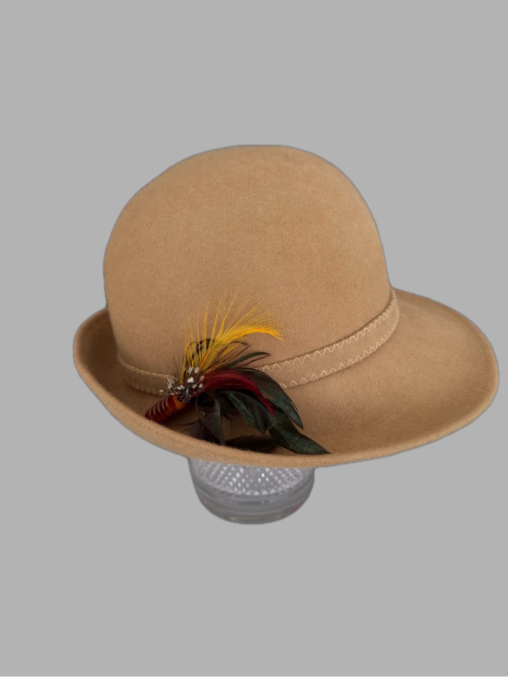 Classic Tan Wool Cloche Hat with Feather Pin